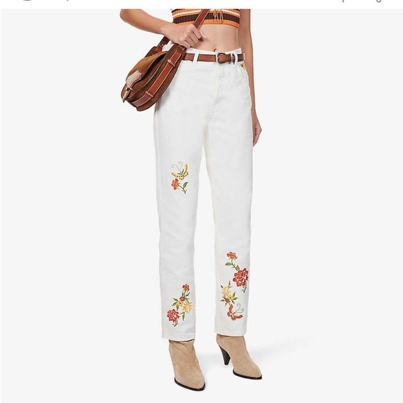 Reformation Denim - Reformation White Cynthia Straight Leg Mid Rise Denim Jeans size 27 embroidered